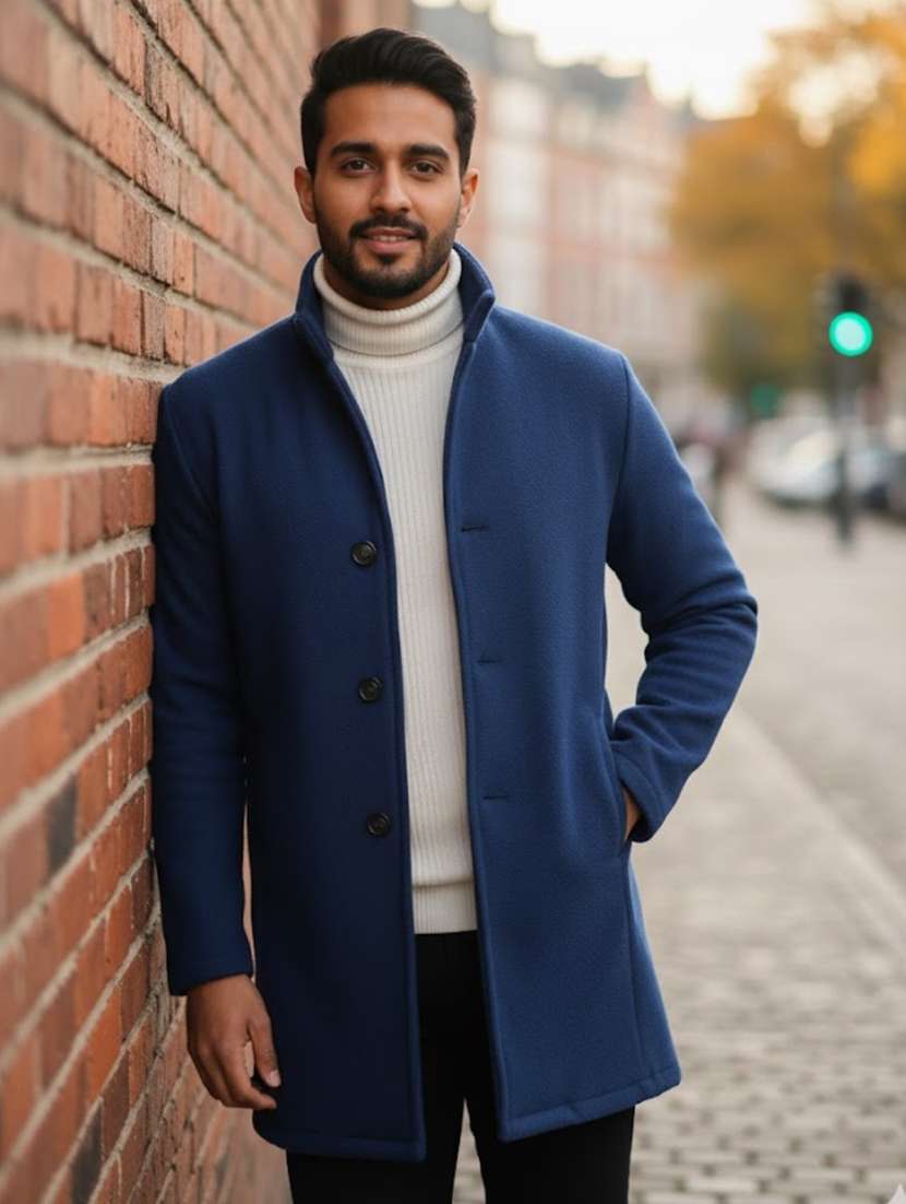 men solid lapel collar overcoat