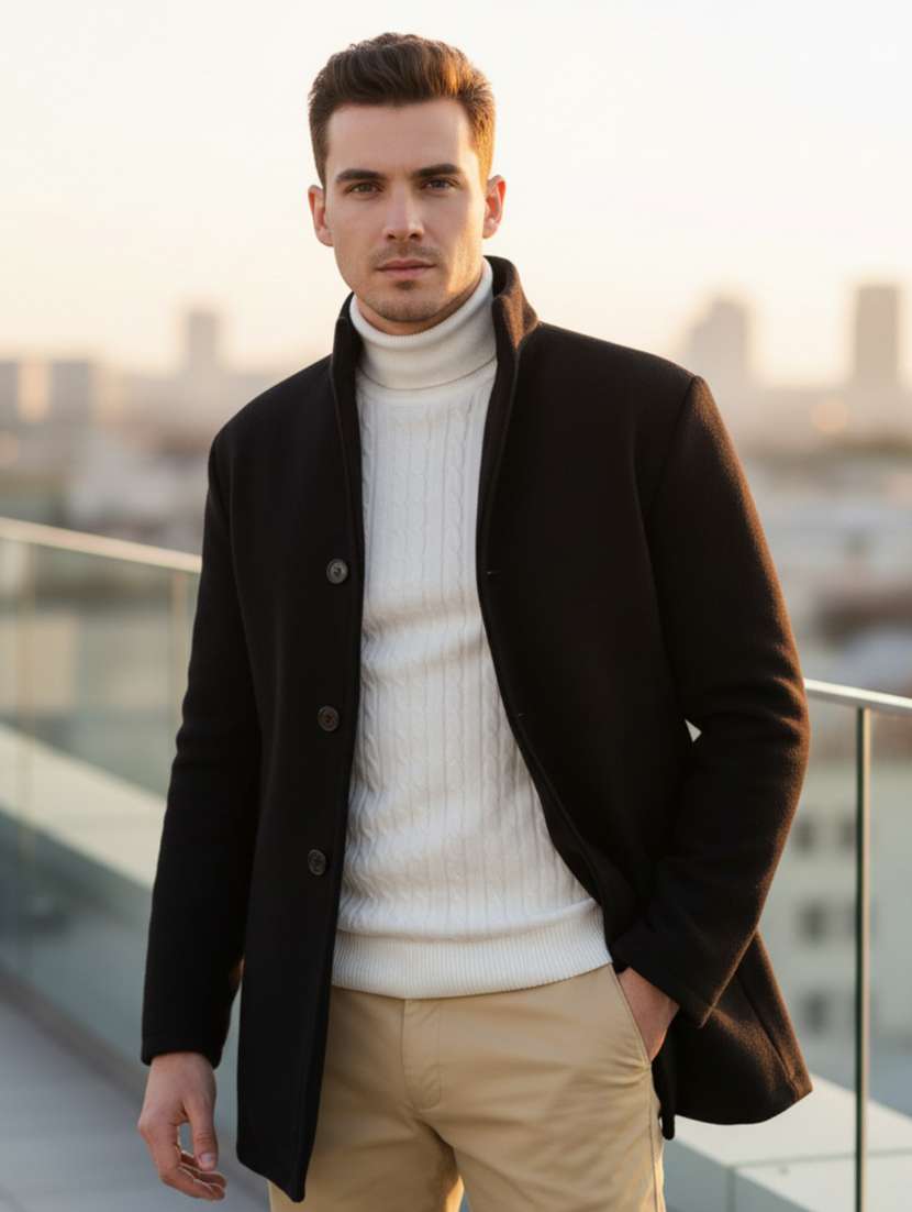 men solid lapel collar overcoat