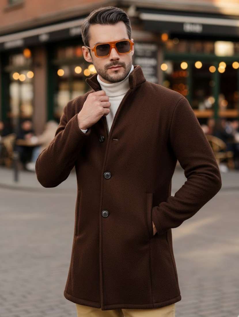 men solid lapel collar overcoat