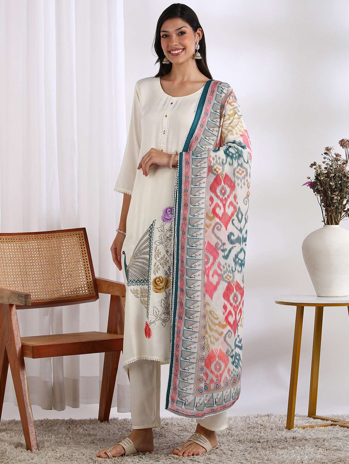 women printed kurta pant with dupatta set