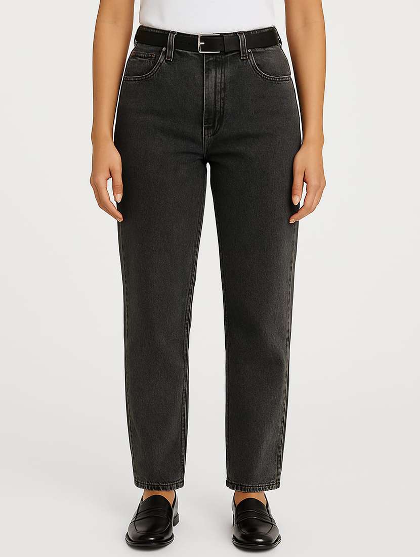 women solid high rise straight fit jean