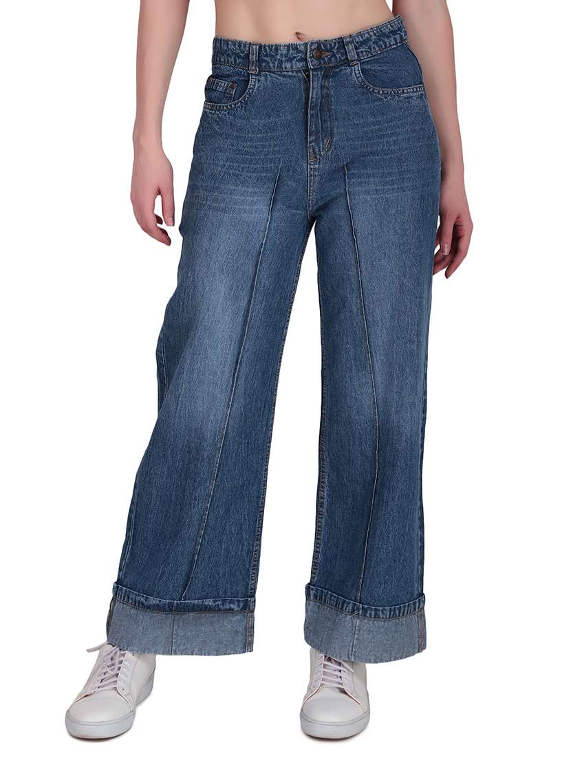 women washed mid rise wide leg jean
