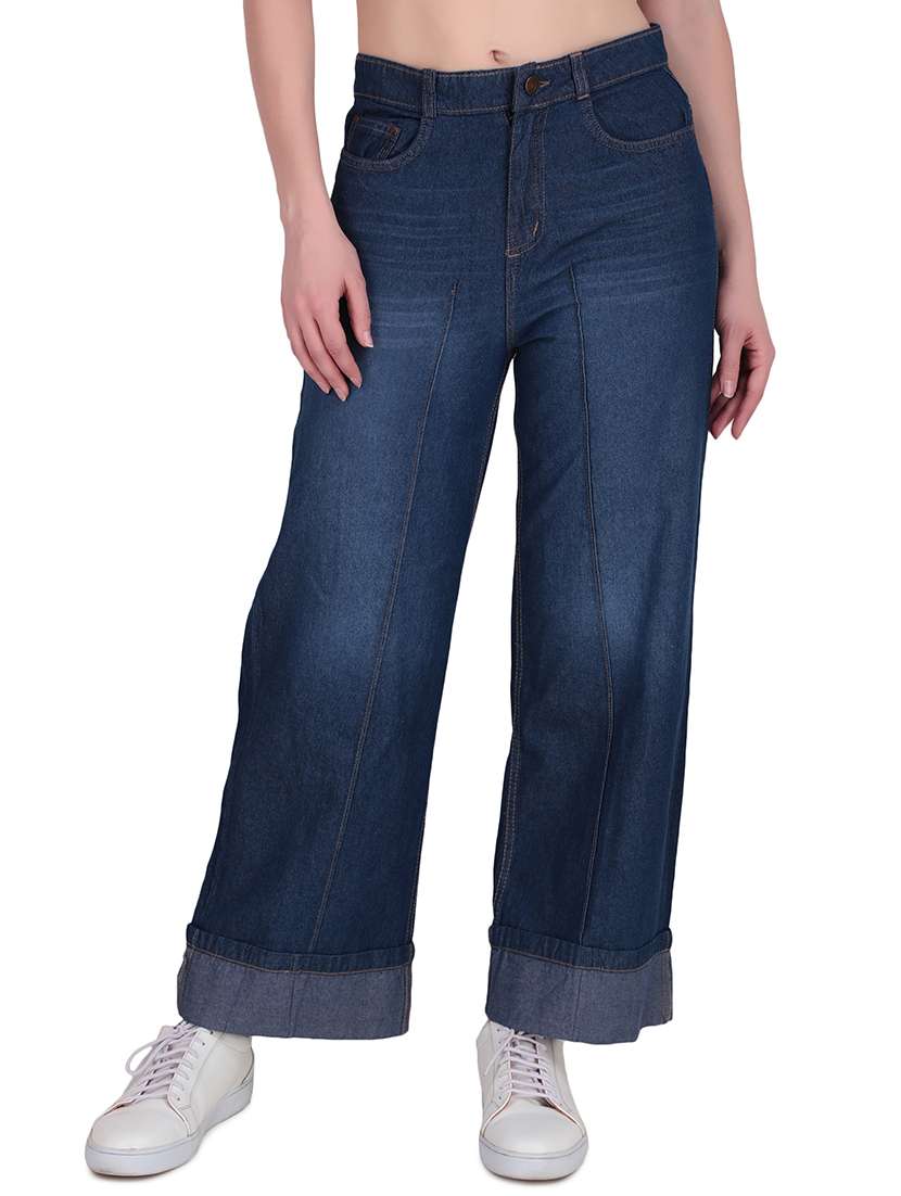 women washed mid rise wide leg jean