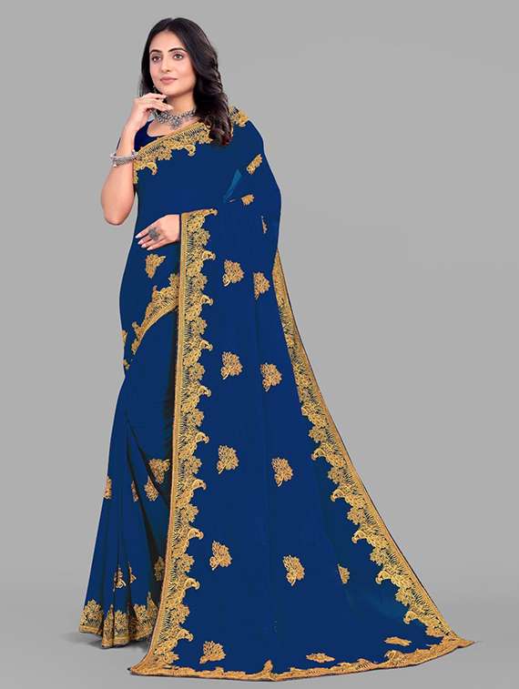 women solid with work embroidered saree with blouse - 22228380 -  Zoom Image - 0