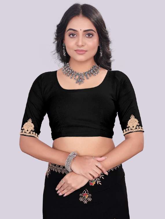 women solid with work embroidered saree with blouse - 22228384 -  Standard Image - 3