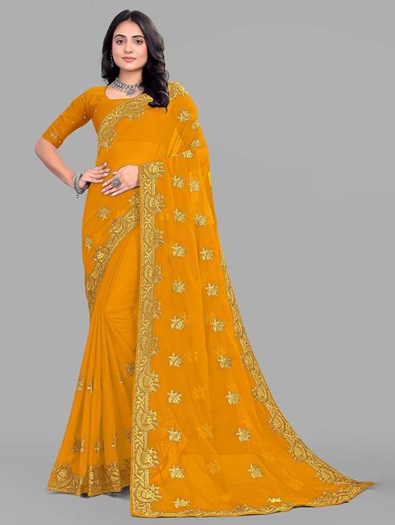 women solid with work embroidered saree with blouse