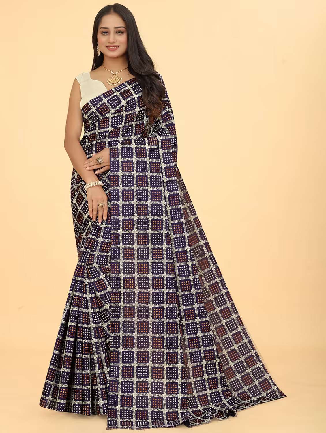 women checkered embellished saree with blouse