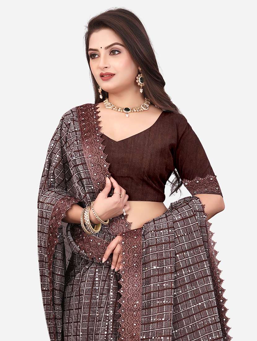 women checkered embellished saree with blouse - 22228405 -  Standard Image - 3