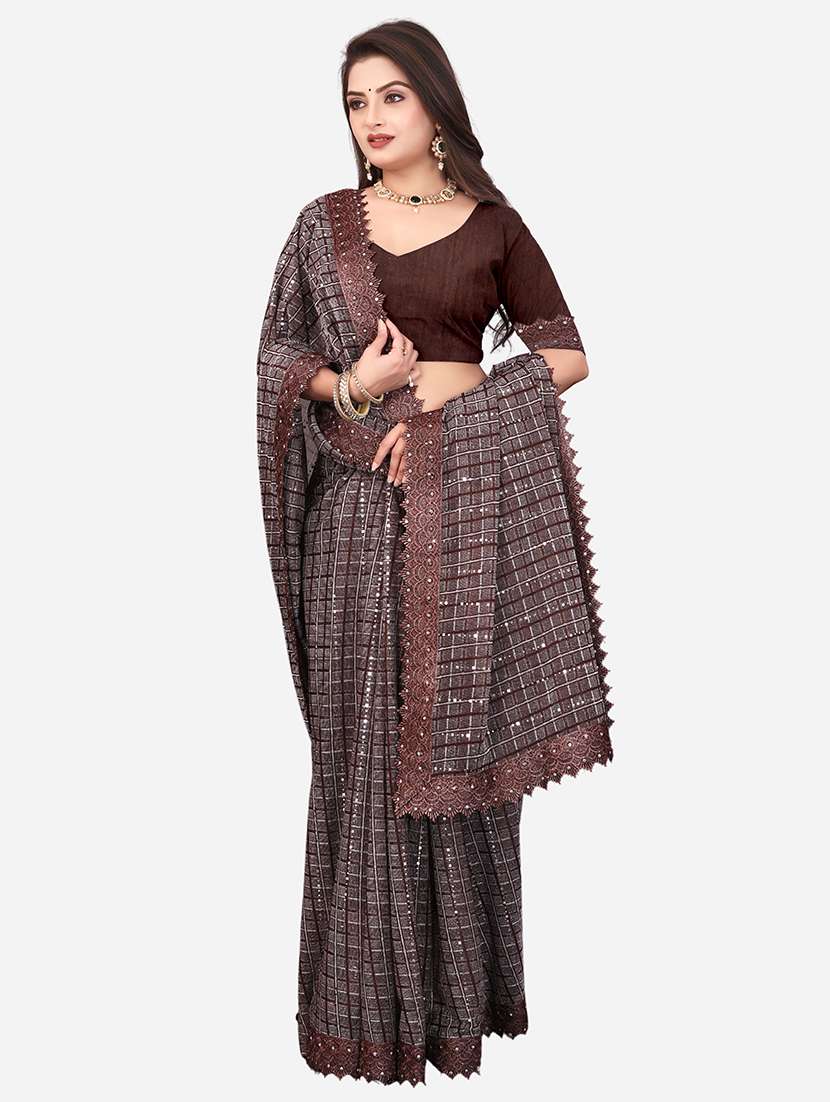 women checkered embellished saree with blouse - 22228405 -  Standard Image - 5