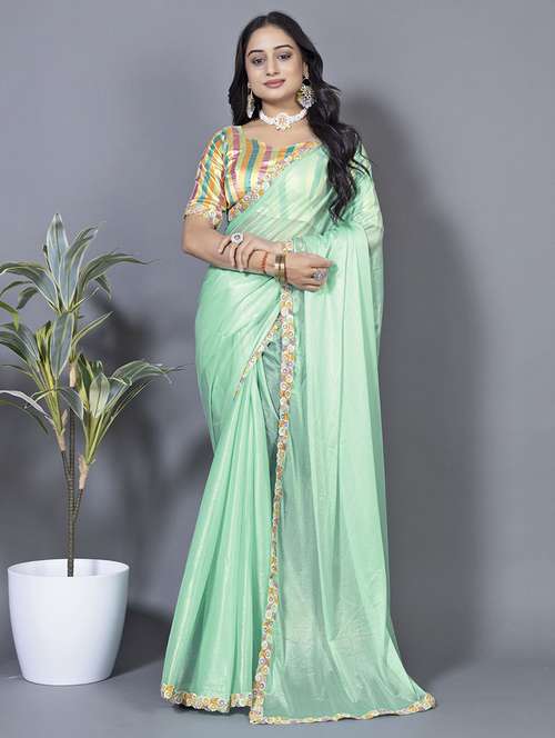 women solid with embellished bordered saree with blouse - 22228415 -  Standard Image - 0