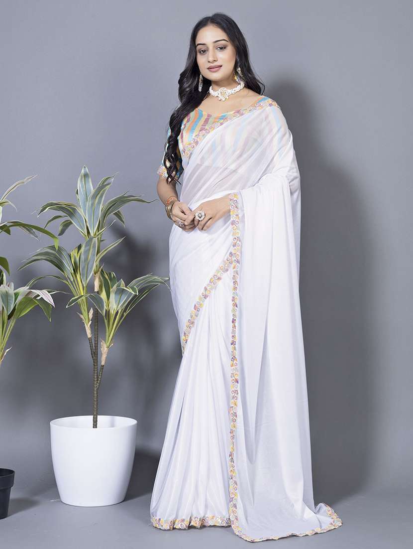 women solid with embellished bordered saree with blouse