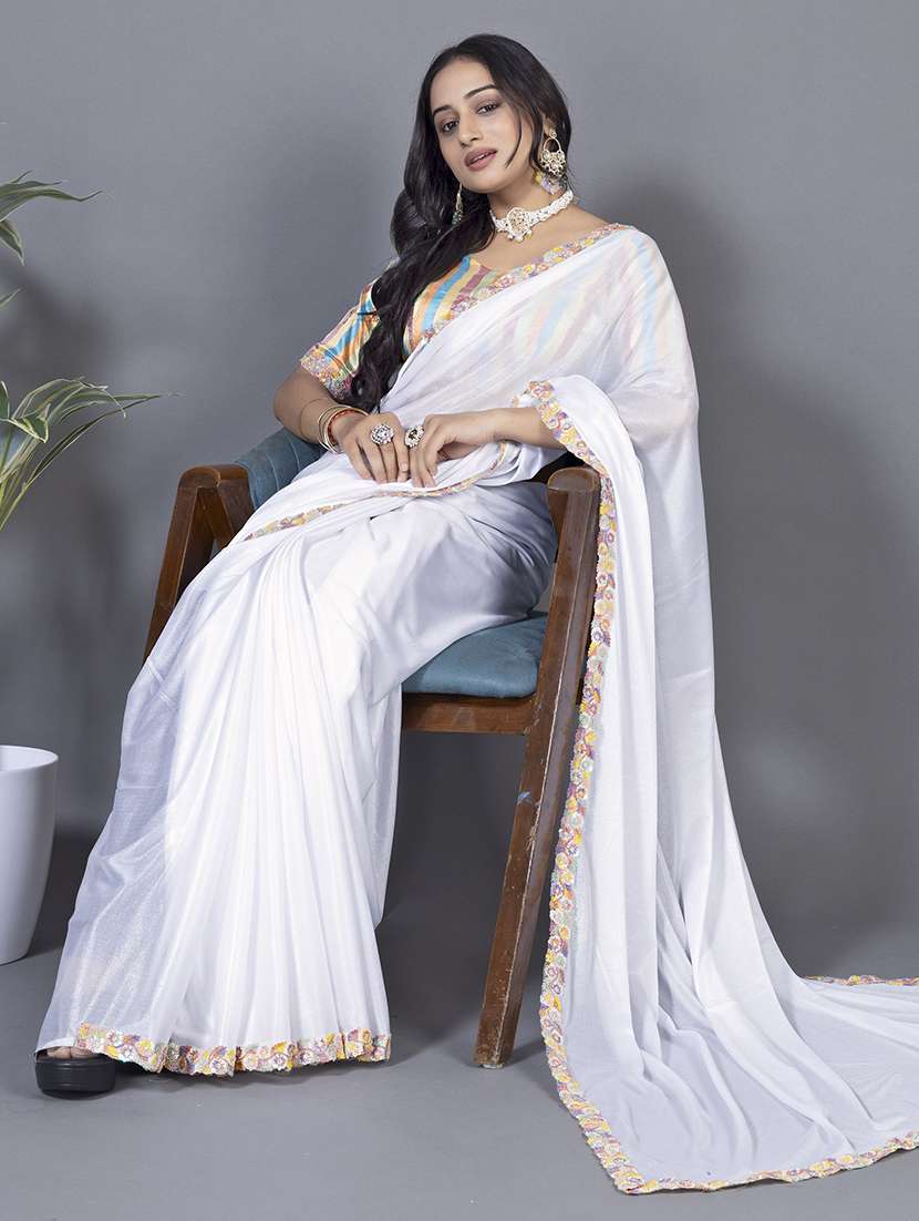 women solid with embellished bordered saree with blouse - 22228418 -  Standard Image - 3