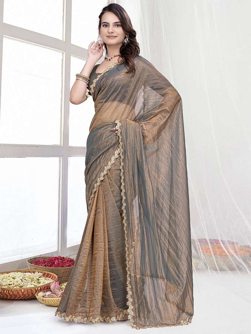 women solid with embellished bordered saree with blouse