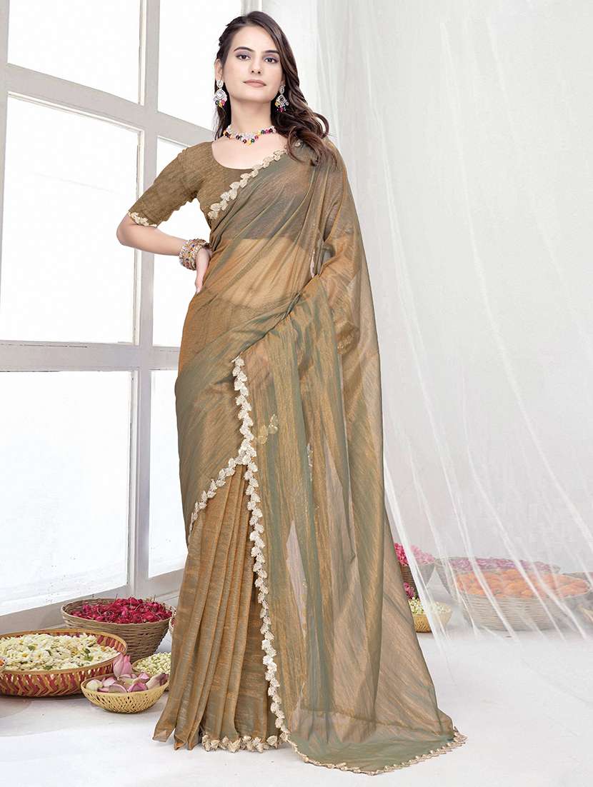 women solid with embellished bordered saree with blouse