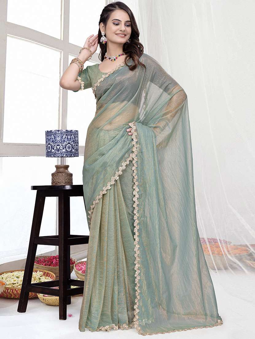 women solid with embellished bordered saree with blouse