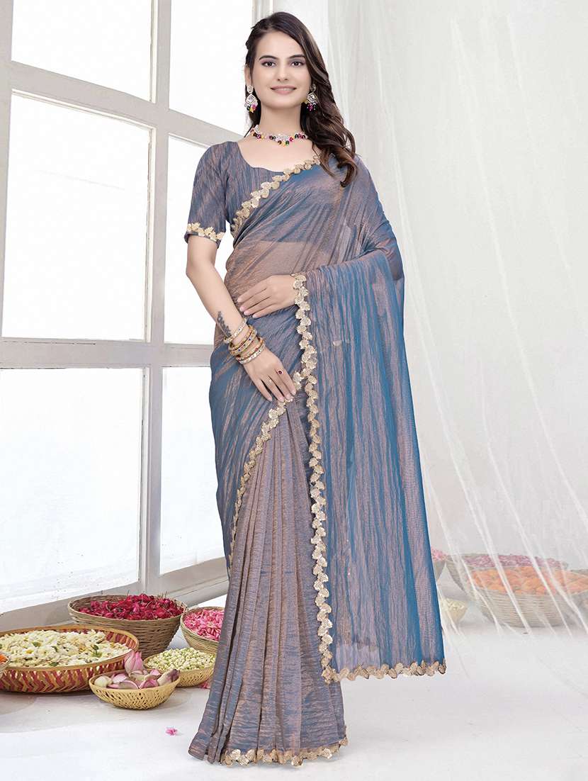 women solid with embellished bordered saree with blouse