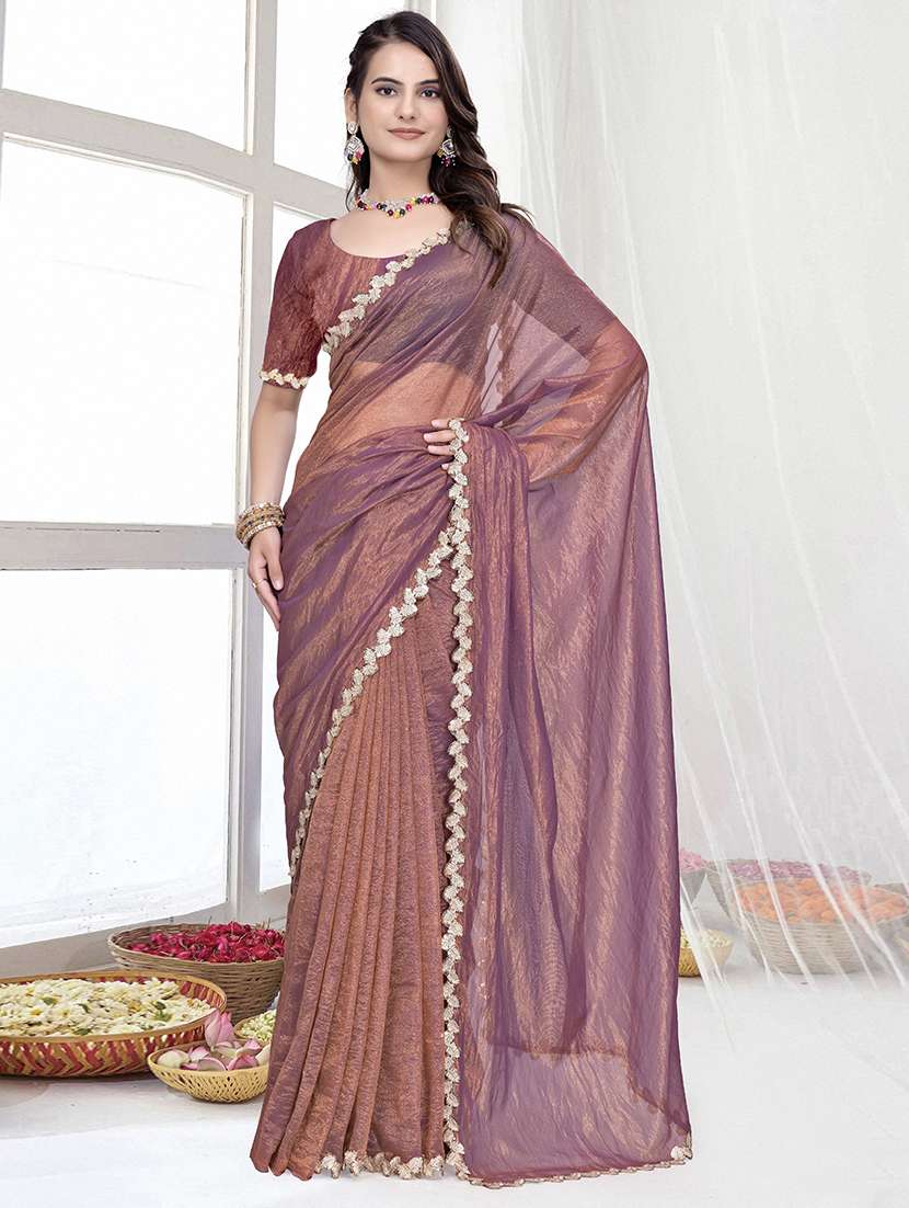 women solid with embellished bordered saree with blouse