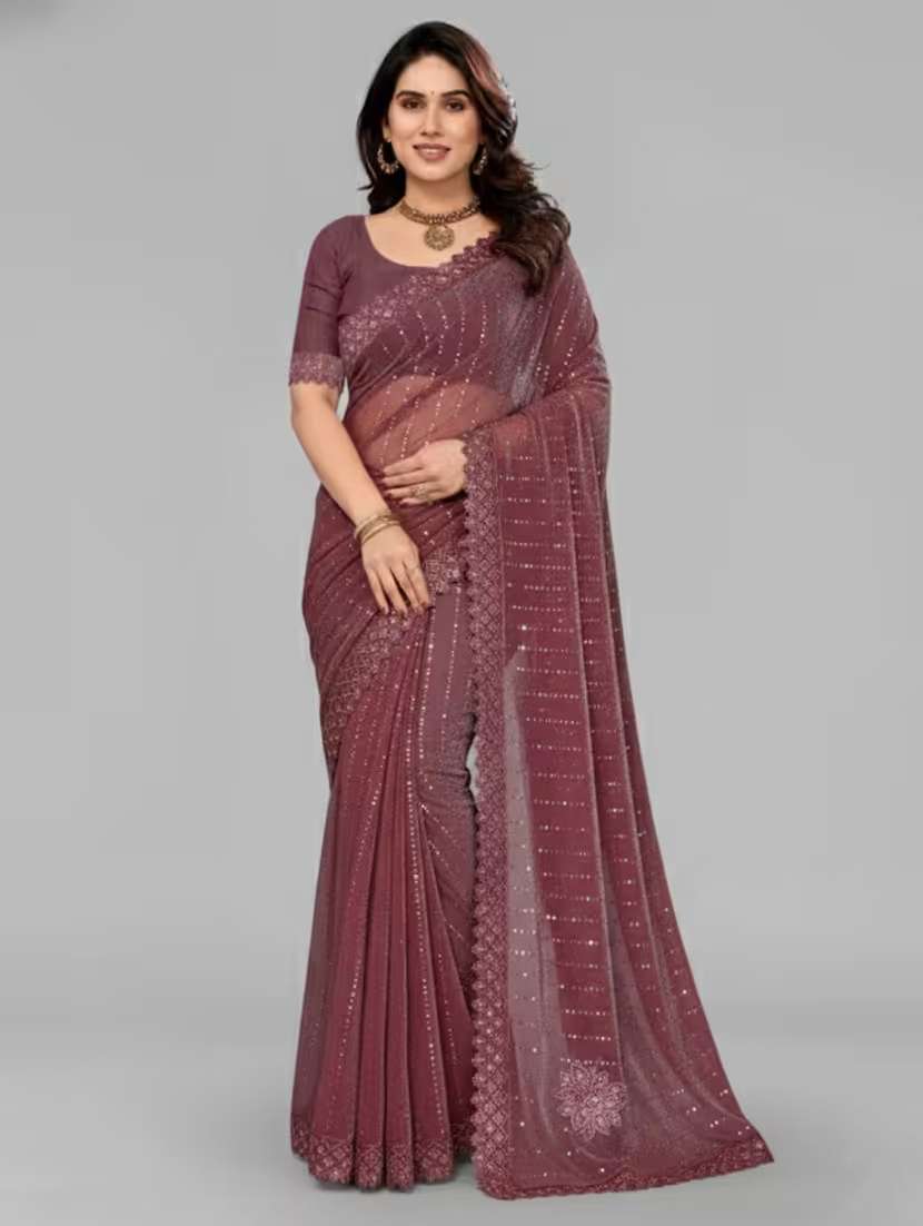 women solid with work embellished saree with blouse