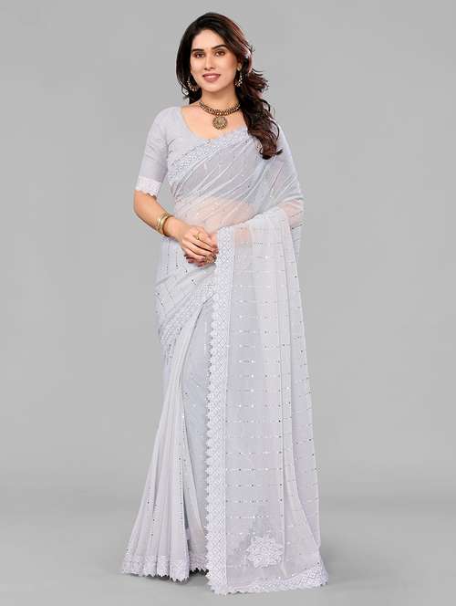 women solid with work embellished saree with blouse - 22228467 -  Standard Image - 0