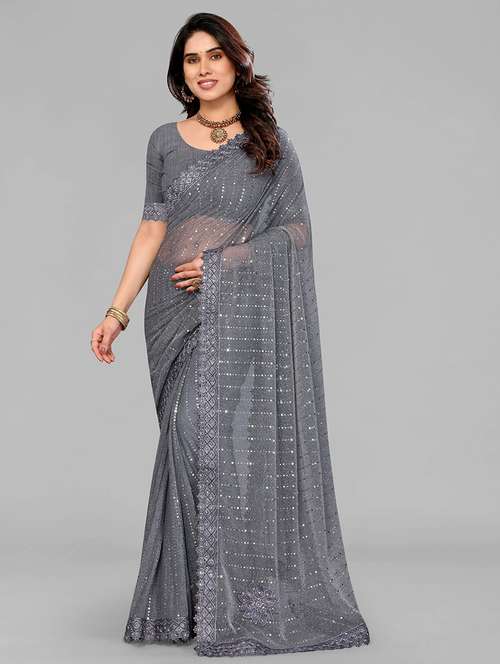 women solid with work embellished saree with blouse - 22228524 -  Standard Image - 0