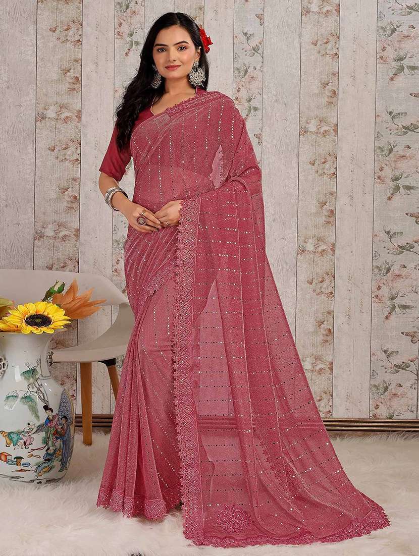 pink lycra blend printed saree with blouse