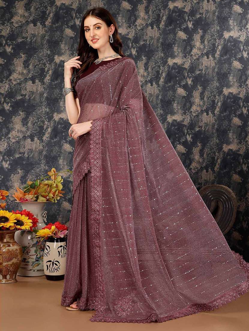 maroon lycra blend printed saree with blouse