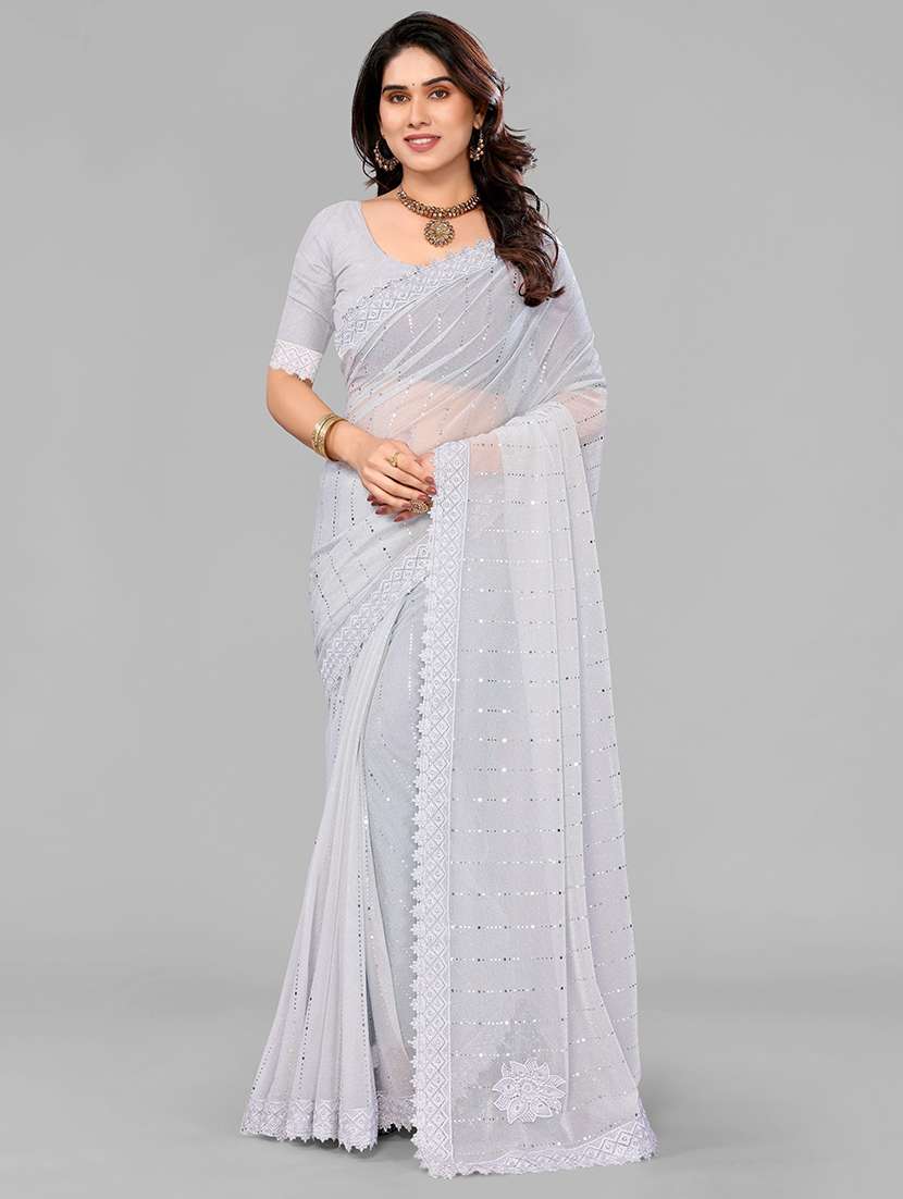 white lycra blend printed saree with blouse