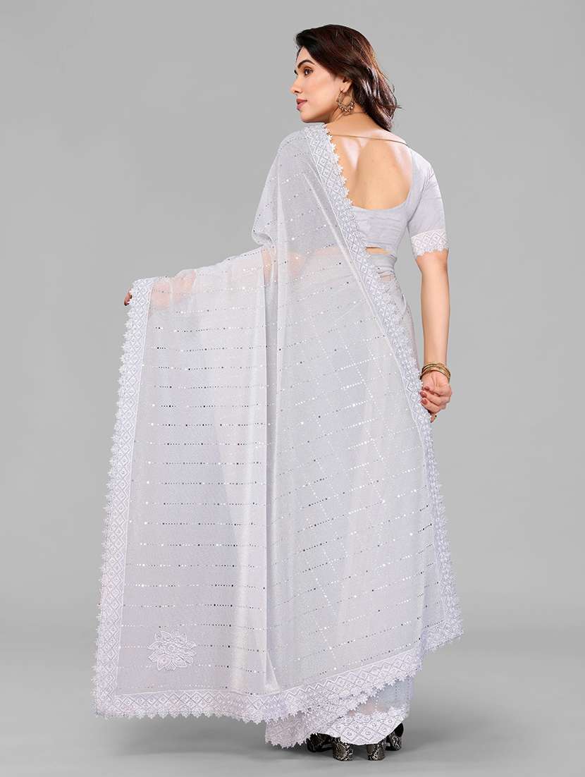 white lycra blend printed saree with blouse - 22228562 -  Standard Image - 3