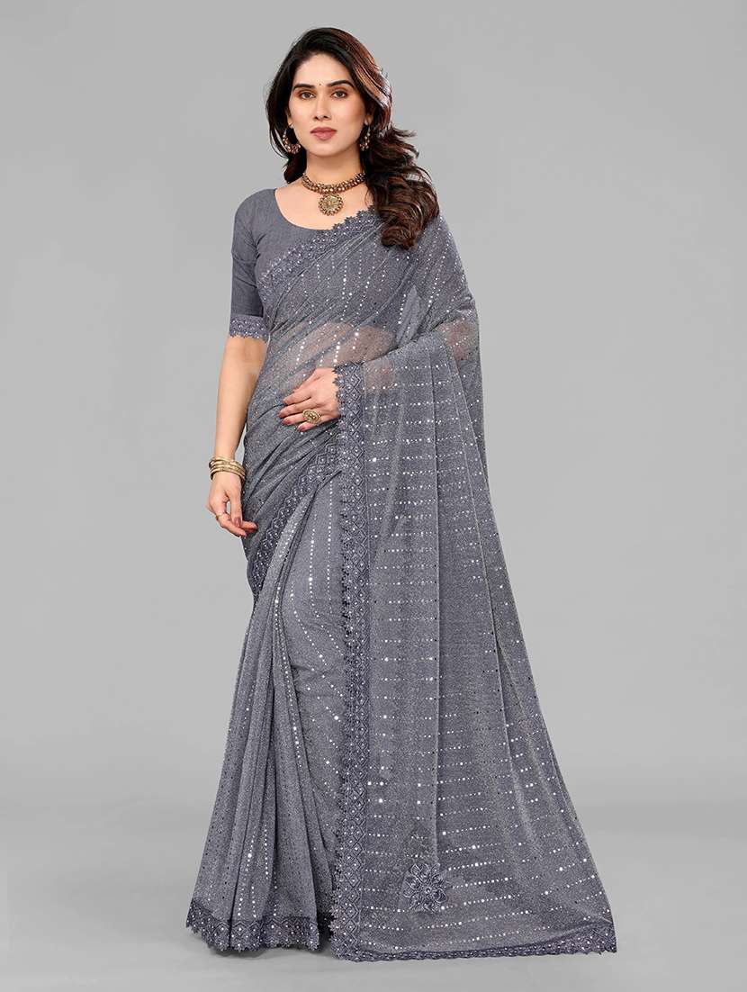 grey lycra blend printed saree with blouse