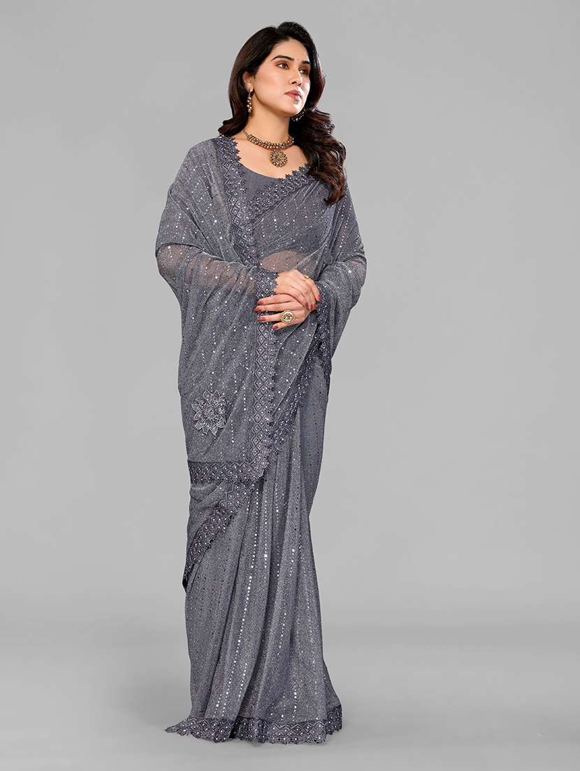 grey lycra blend printed saree with blouse - 22228570 -  Standard Image - 3