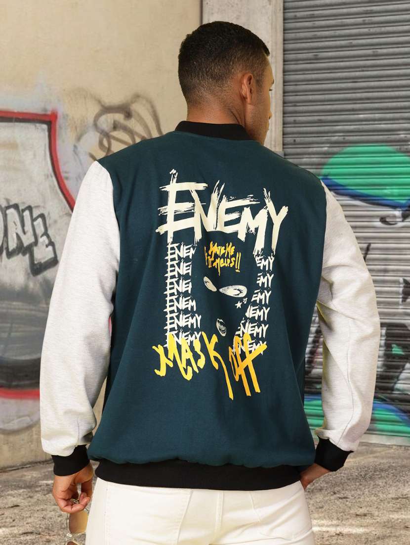 men color block henley neck varsity jacket