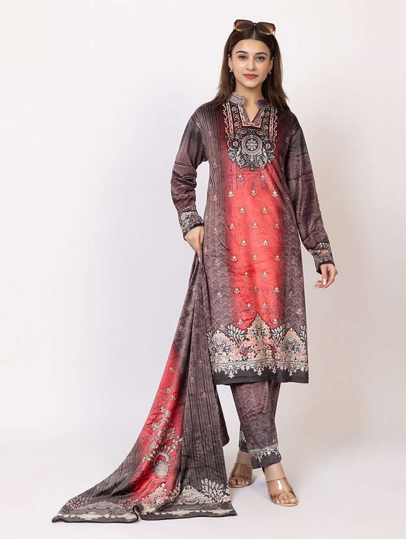 women printed long sleeve woolen kurta and pant set with dupatta