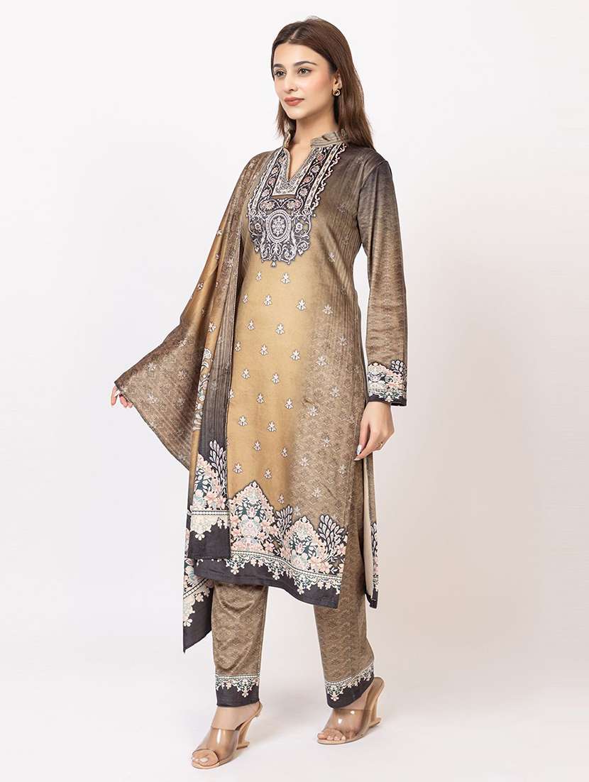 women printed long sleeve woolen kurta and pant set with dupatta - 22228684 -  Standard Image - 3