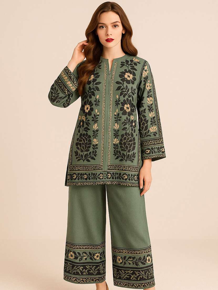 women self design long sleeve ethnic co-ord set