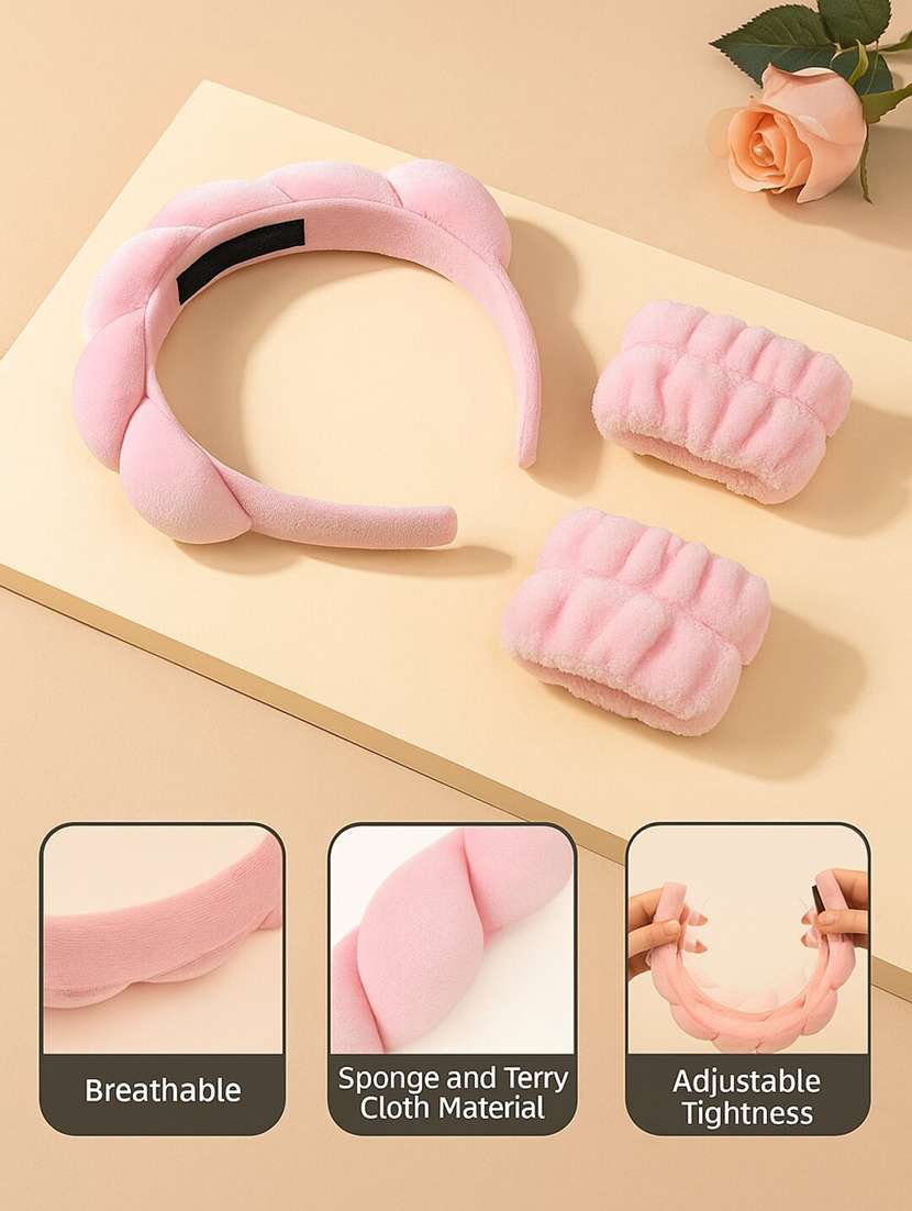 women soft padded headband with matching wristbands and floral hair clip combo set - 22228708 -  Standard Image - 3