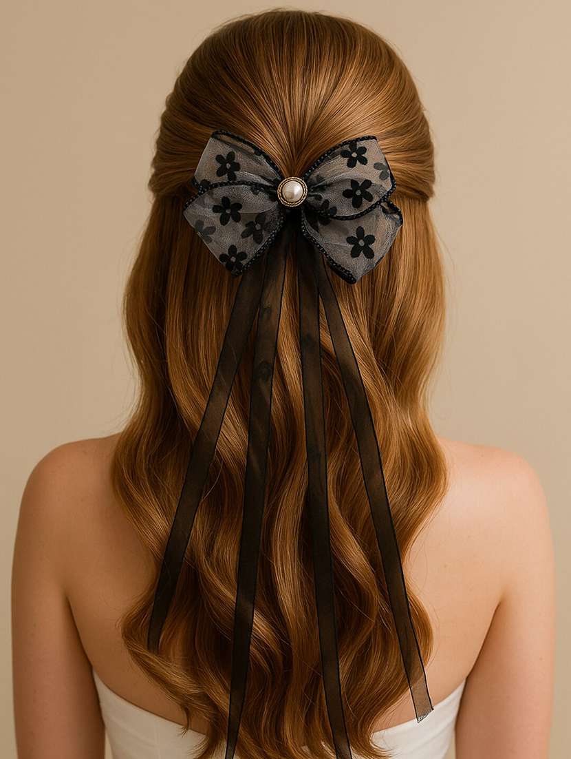 women sheer black floral bow hair clip with pearl center