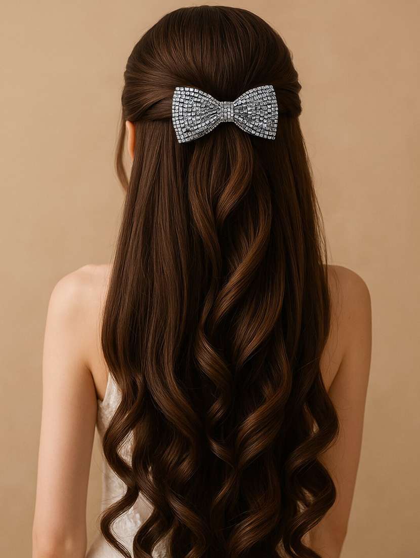 women silver crystal bow hair clip for women