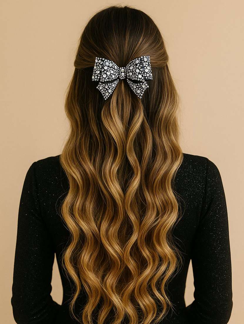 women black crystal bow hair clip for women