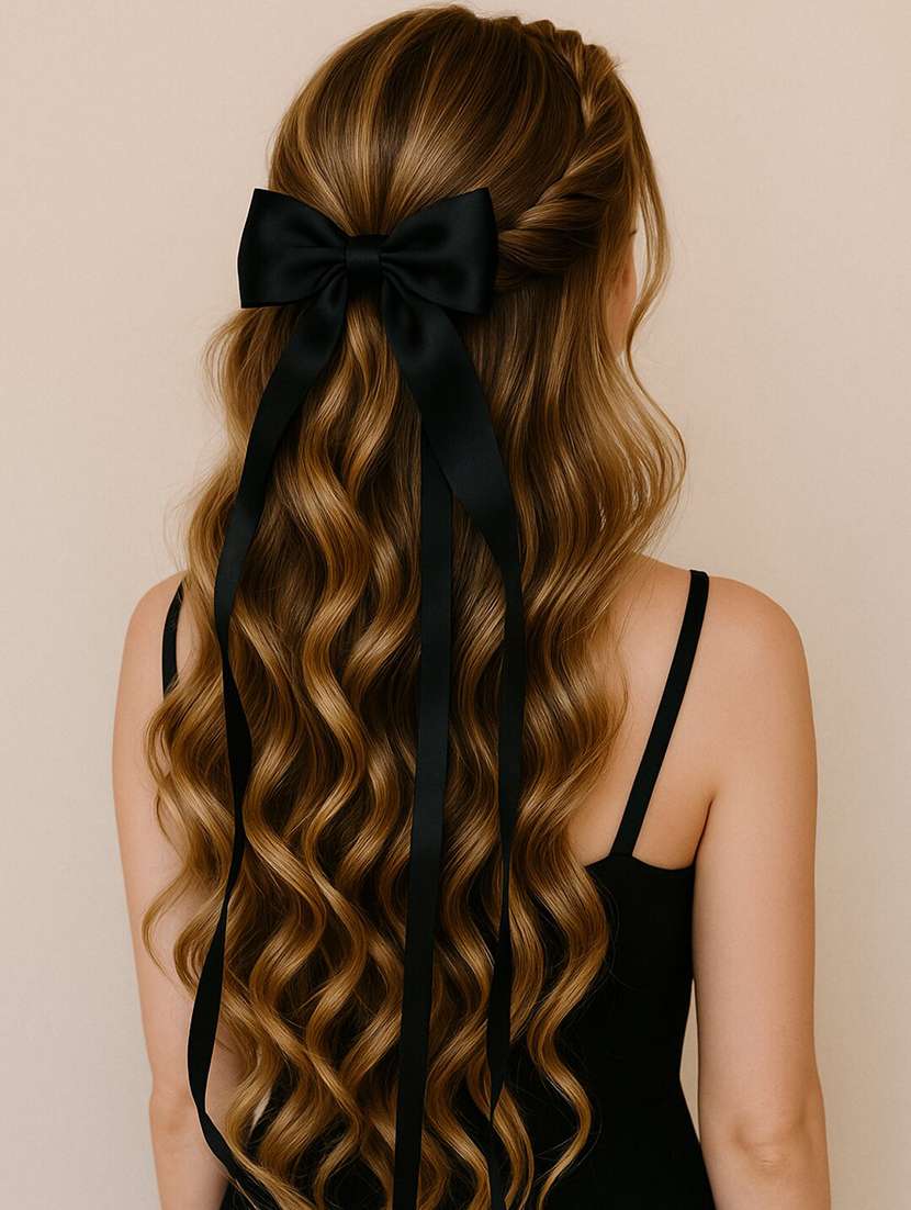 women satin long ribbon bow hair clip for women