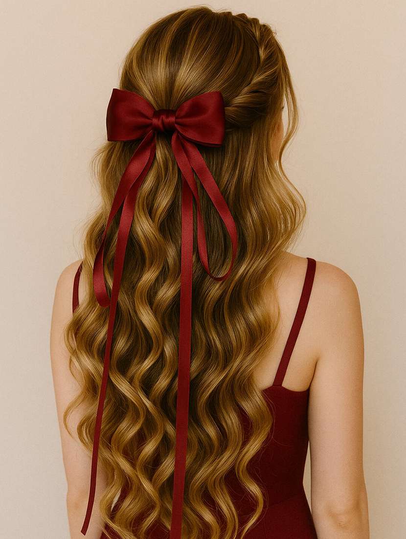 women satin long ribbon bow hair clip for women