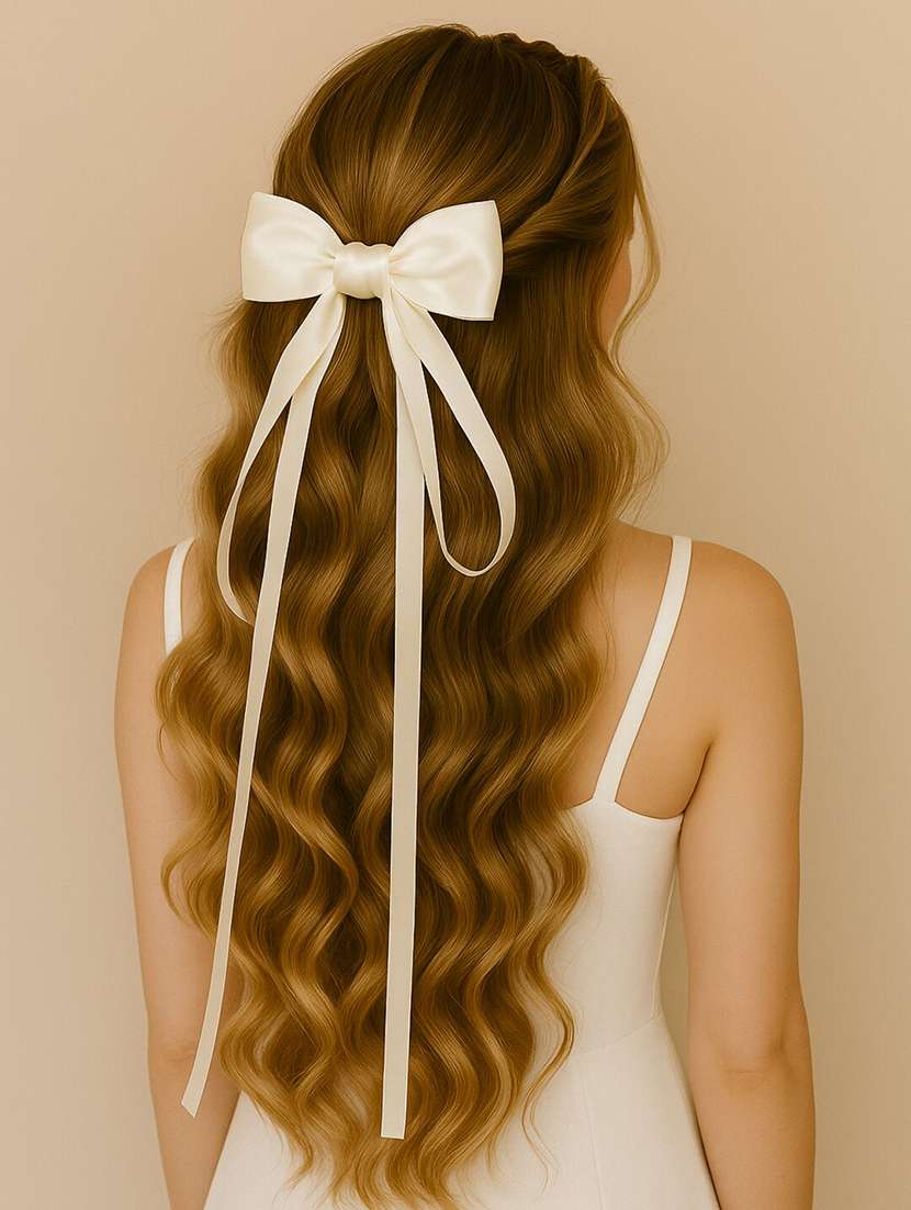 women satin long ribbon bow hair clip for women