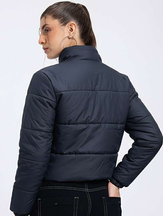 women solid stand collar long sleeve quilted jacket - 22228855 -  Standard Image - 3