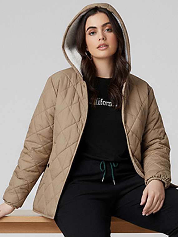 women solid long sleeve hooded quilted jacket