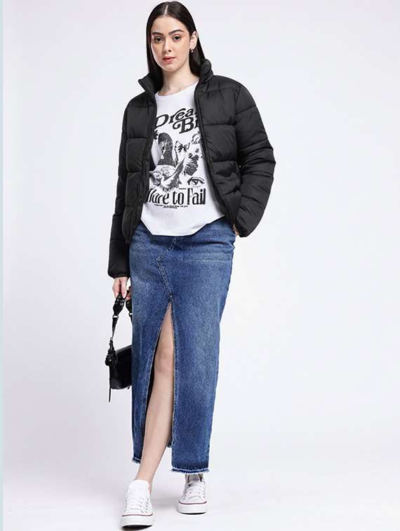 women solid stand collar long sleeve quilted jacket - 22228863 -  Standard Image - 3