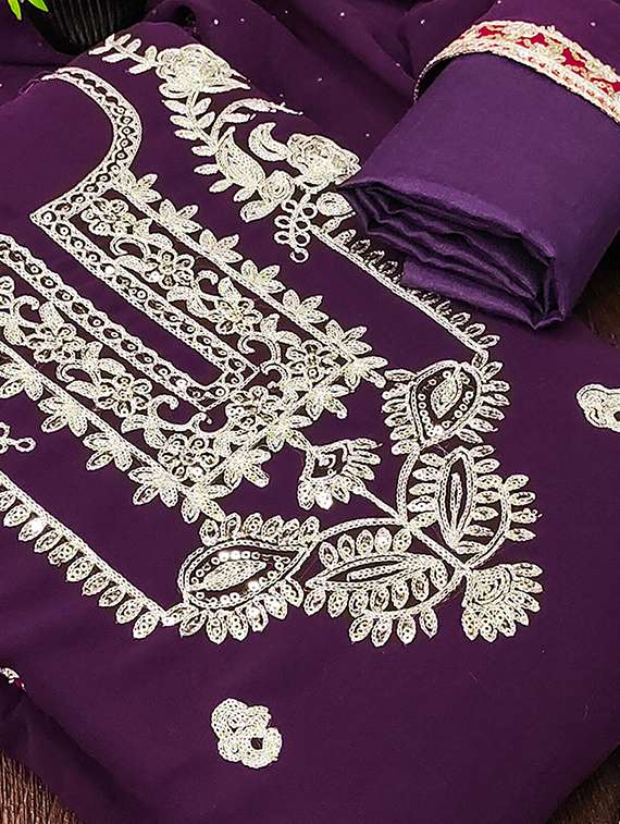 Women Solid With Work Embroidered Unstitched Suit Set - 22228915 -  Standard Image - 3