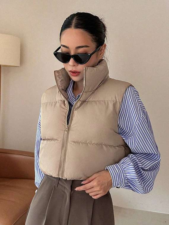 women solid sleeveless puffer jacket - 22228932 -  Standard Image - 5