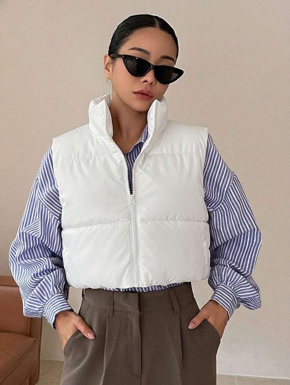 women solid sleeveless puffer jacket - 22228933 -  Zoom Image - 0