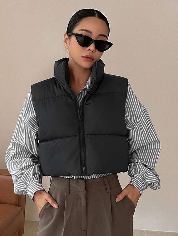 women solid sleeveless puffer jacket - 22228934 -  Zoom Image - 0