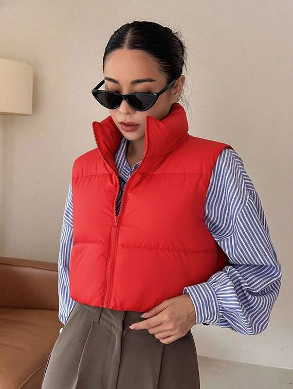 women solid sleeveless puffer jacket - 22228935 -  Standard Image - 5