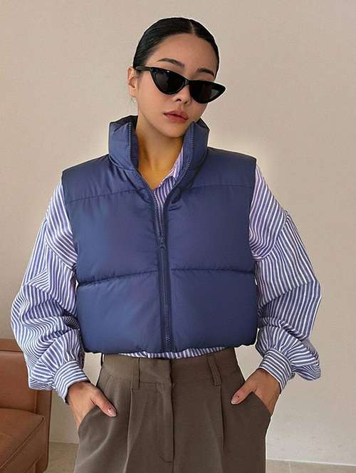 women solid sleeveless puffer jacket - 22228936 -  Standard Image - 0